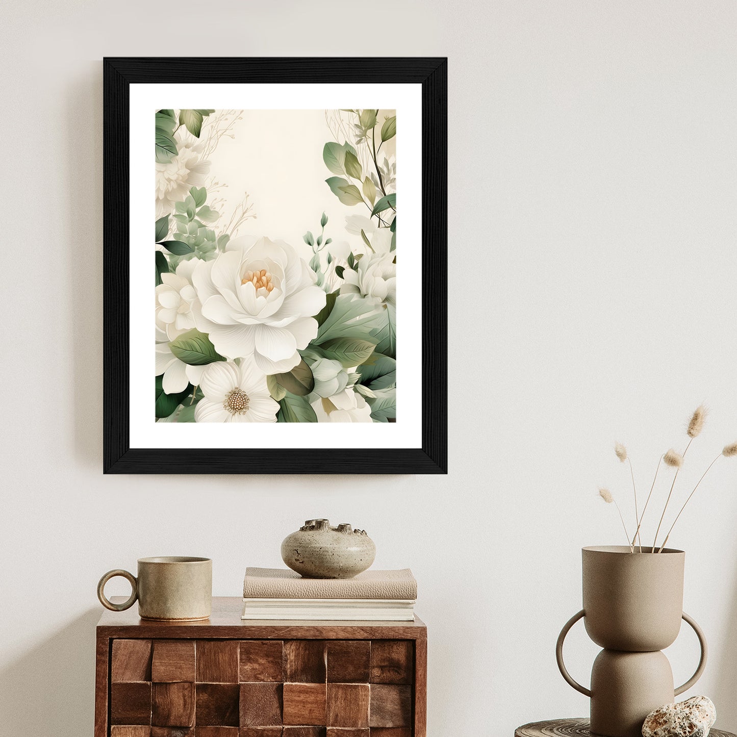 Poster Weiße Blüten Mit Grünen Blättern Rahmen Hölzern Farbe Weiß