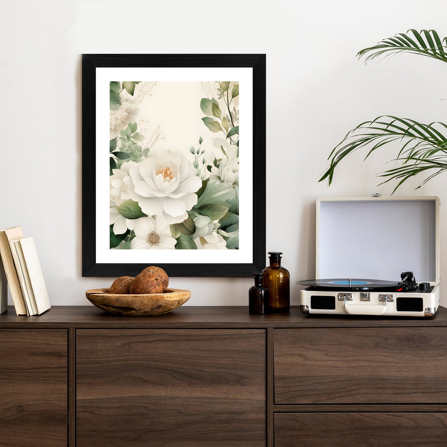 Poster Weiße Blüten Mit Grünen Blättern Rahmen Hölzern Farbe Weiß