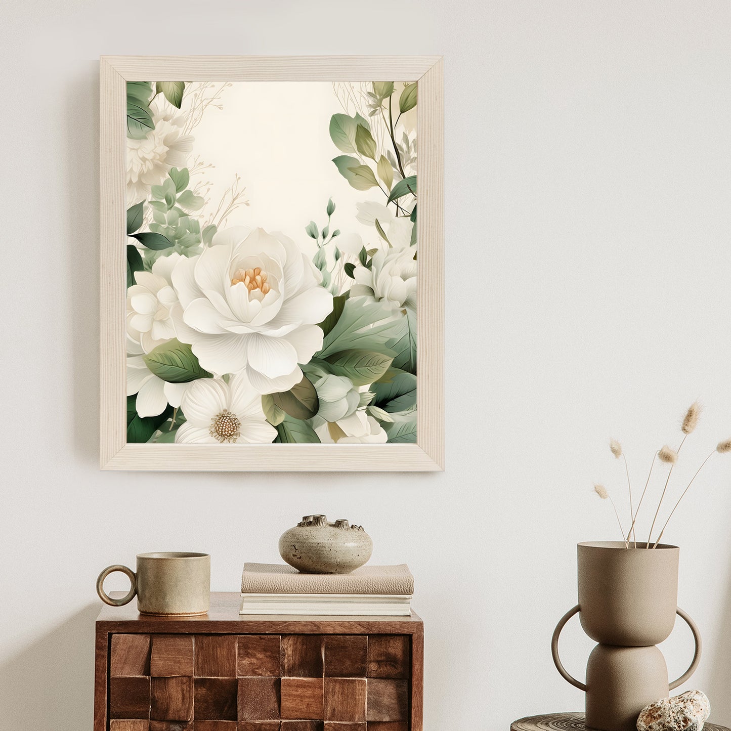 Poster Weiße Blüten Mit Grünen Blättern Rahmen Hölzern Farbe Weiß