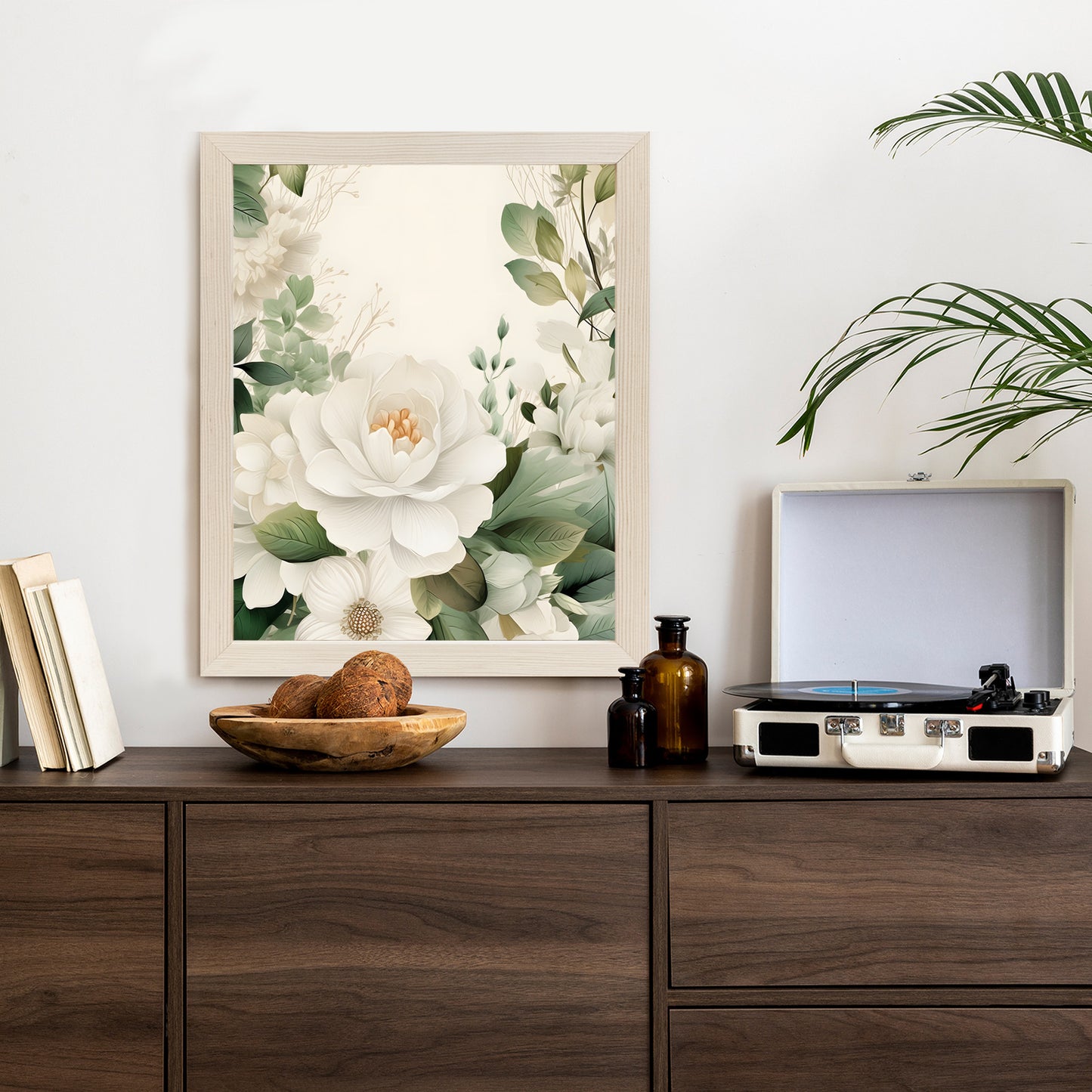 Poster Weiße Blüten Mit Grünen Blättern Rahmen Hölzern Farbe Weiß