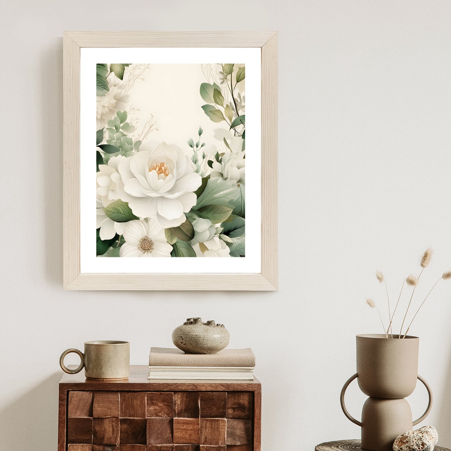 Poster Weiße Blüten Mit Grünen Blättern Rahmen Hölzern Farbe Weiß