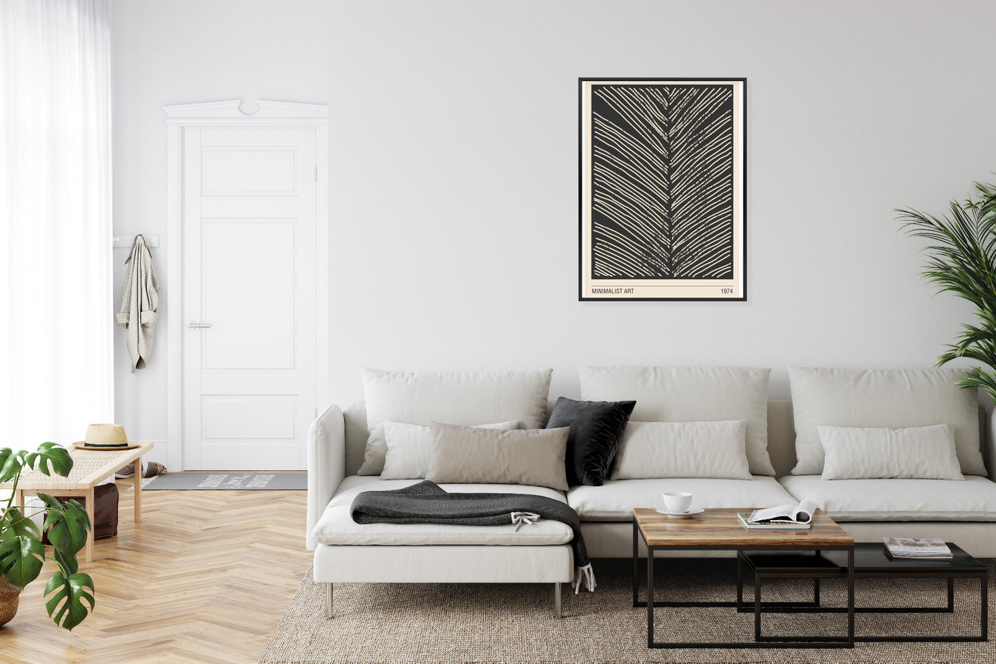 Poster Minimalistische Blattgrafiken Rahmen Holz Mit Passepartout Farbe Natürlich