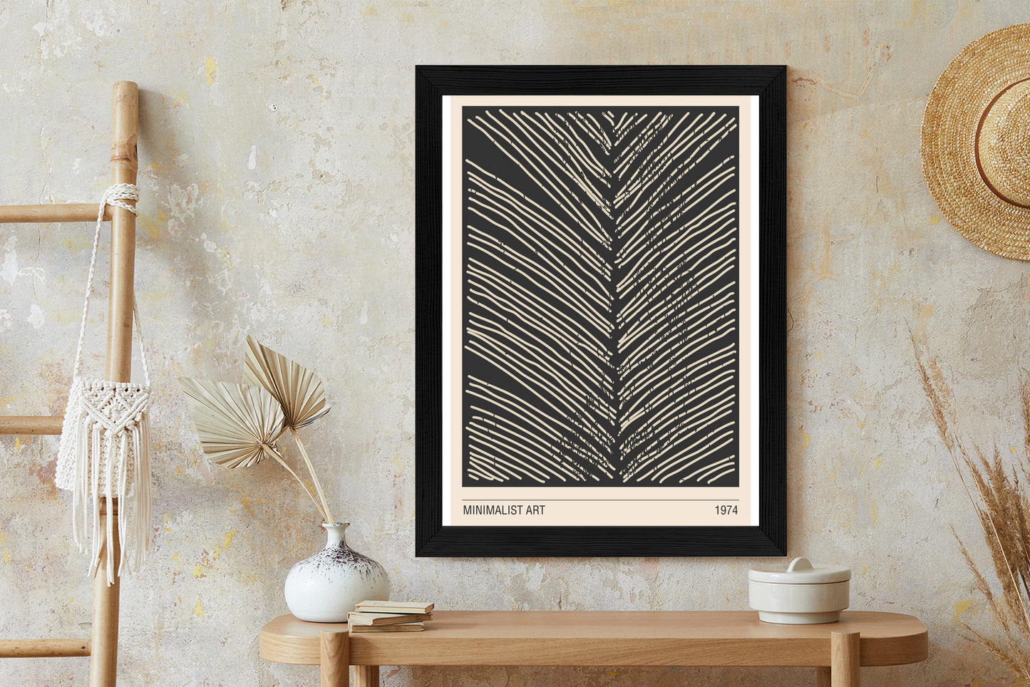 Poster Minimalistische Blattgrafiken Rahmen Holz Mit Passepartout Farbe Natürlich