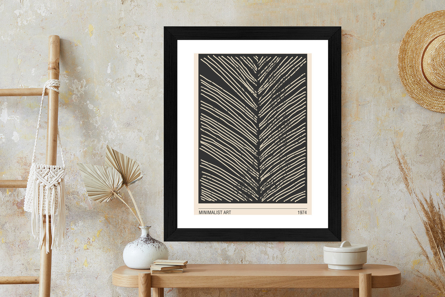 Poster Minimalistische Blattgrafiken Rahmen Holz Mit Passepartout Farbe Natürlich