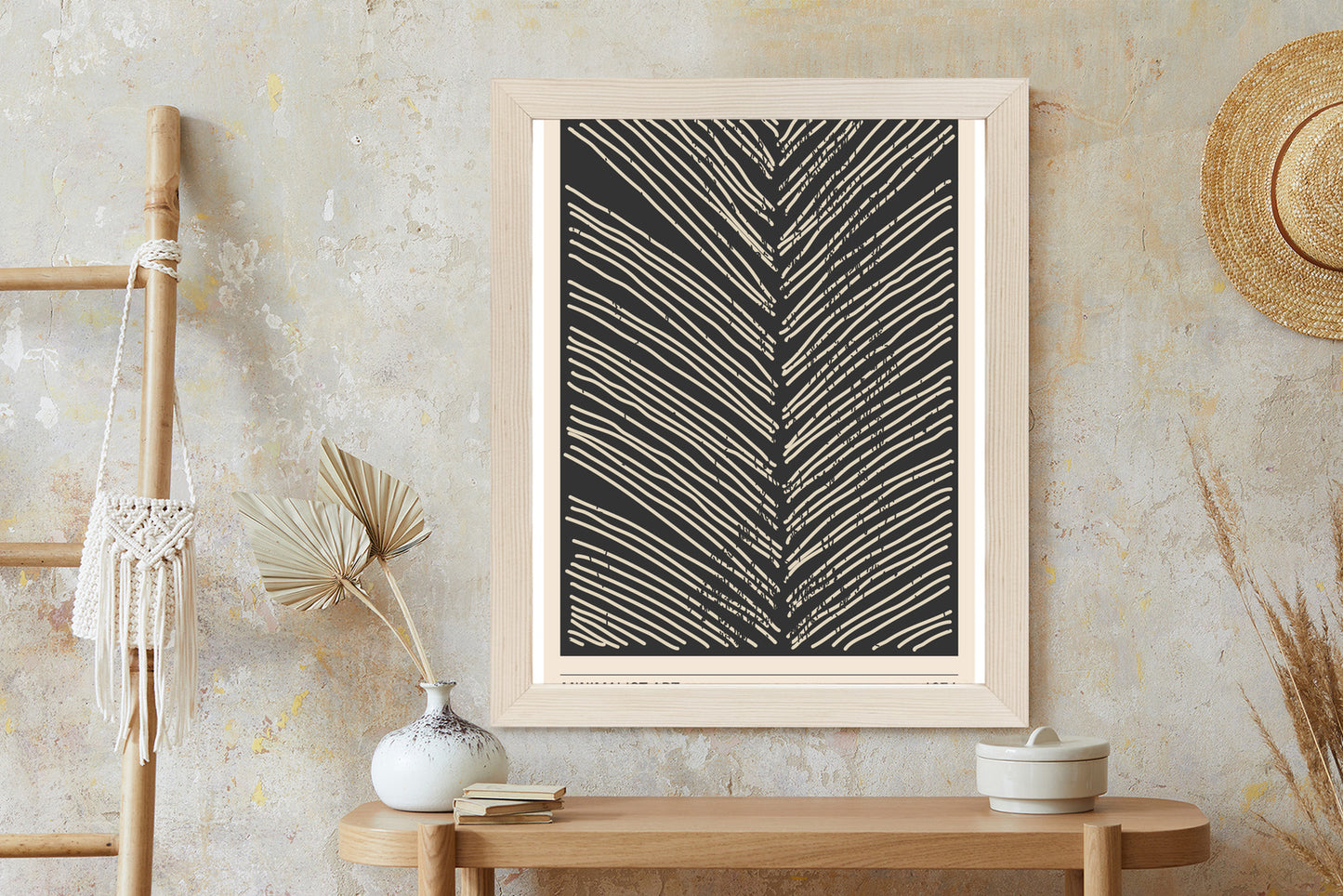 Poster Minimalistische Blattgrafiken Rahmen Holz Mit Passepartout Farbe Natürlich