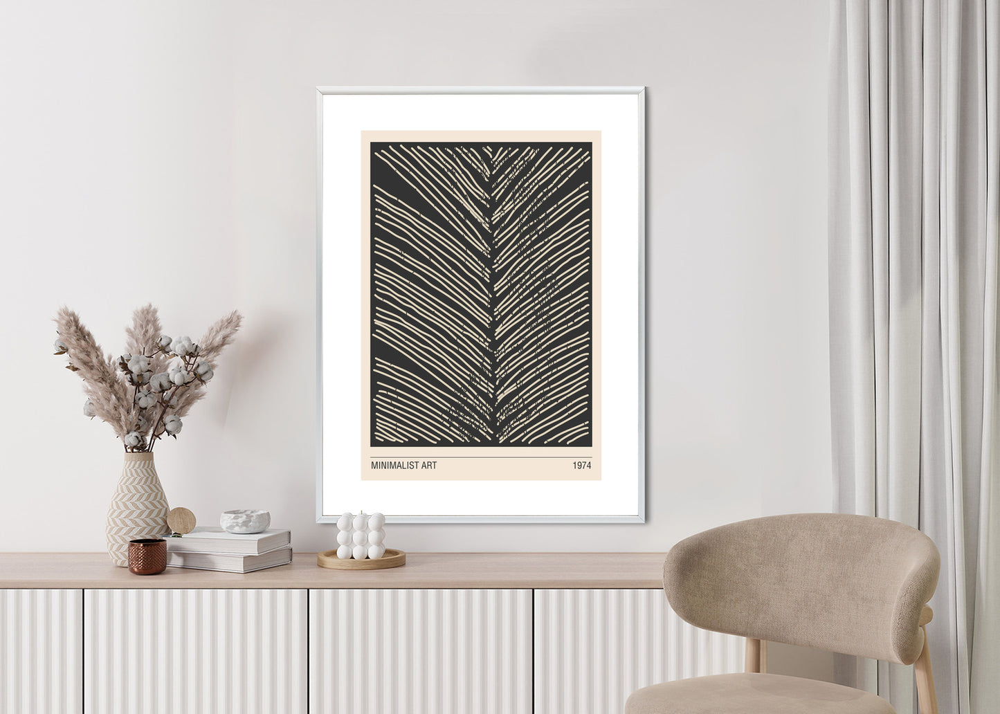 Poster Minimalistische Blattgrafiken Rahmen Holz Mit Passepartout Farbe Natürlich