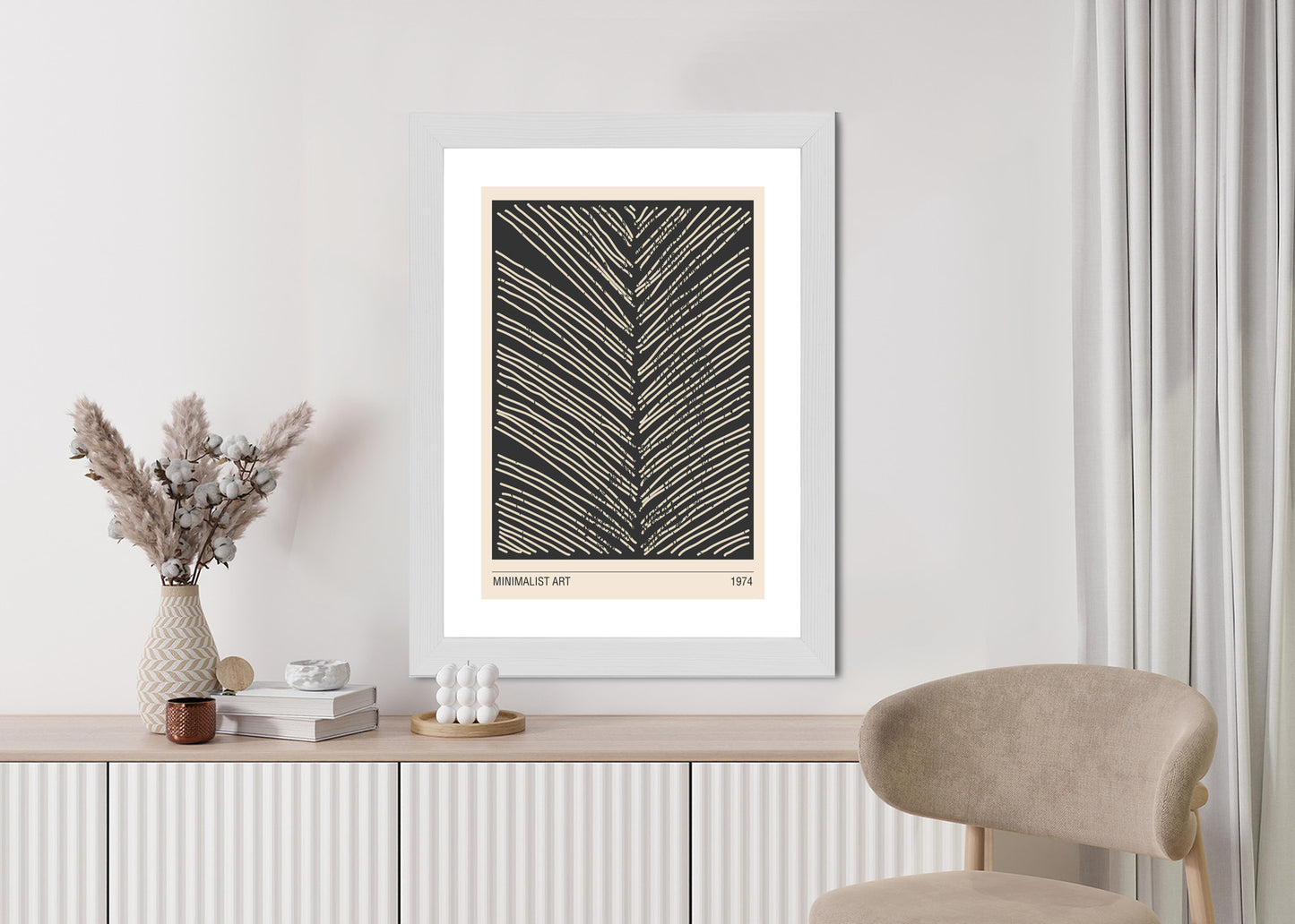 Poster Minimalistische Blattgrafiken Rahmen Holz Mit Passepartout Farbe Natürlich