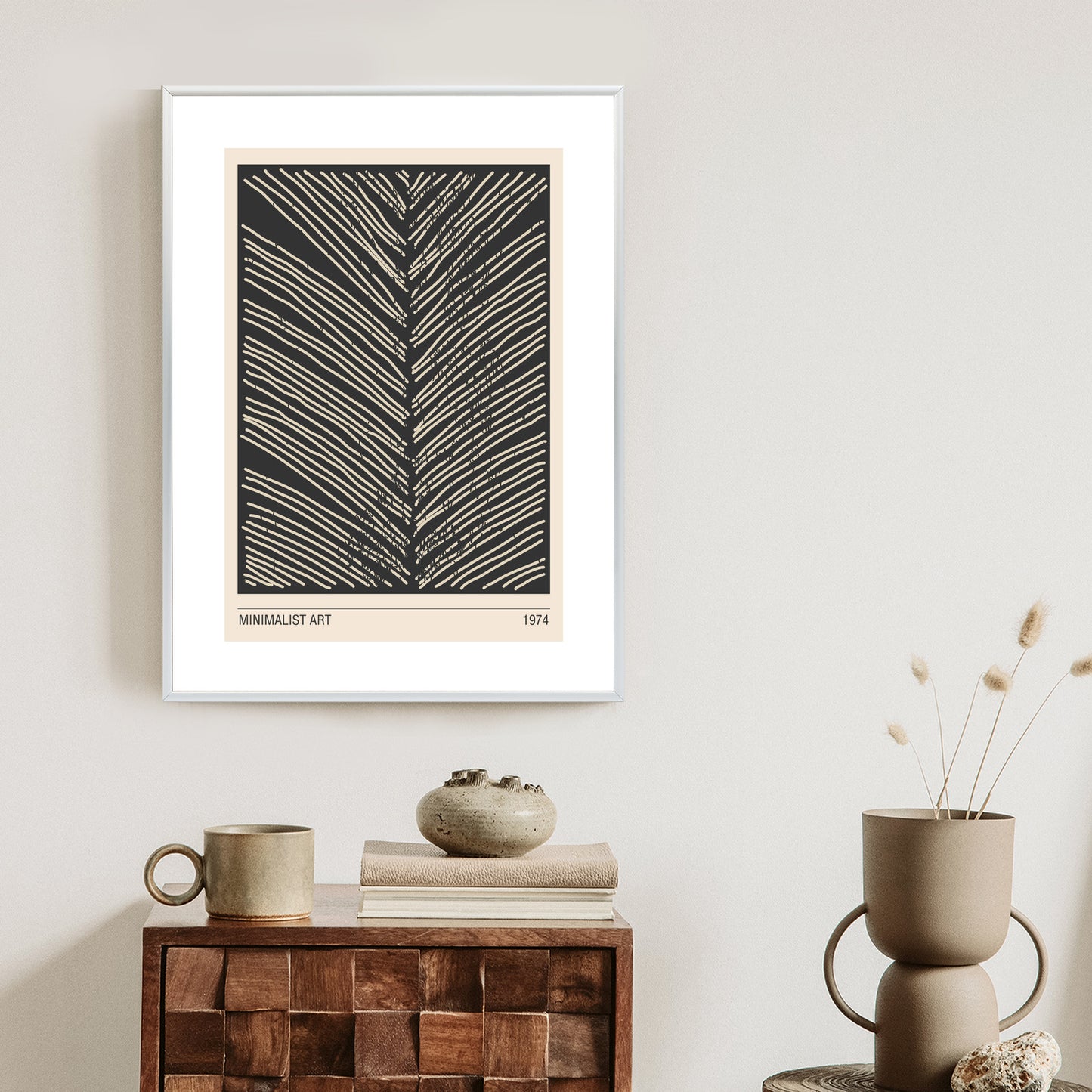 Poster Minimalistische Blattgrafiken Rahmen Holz Mit Passepartout Farbe Natürlich