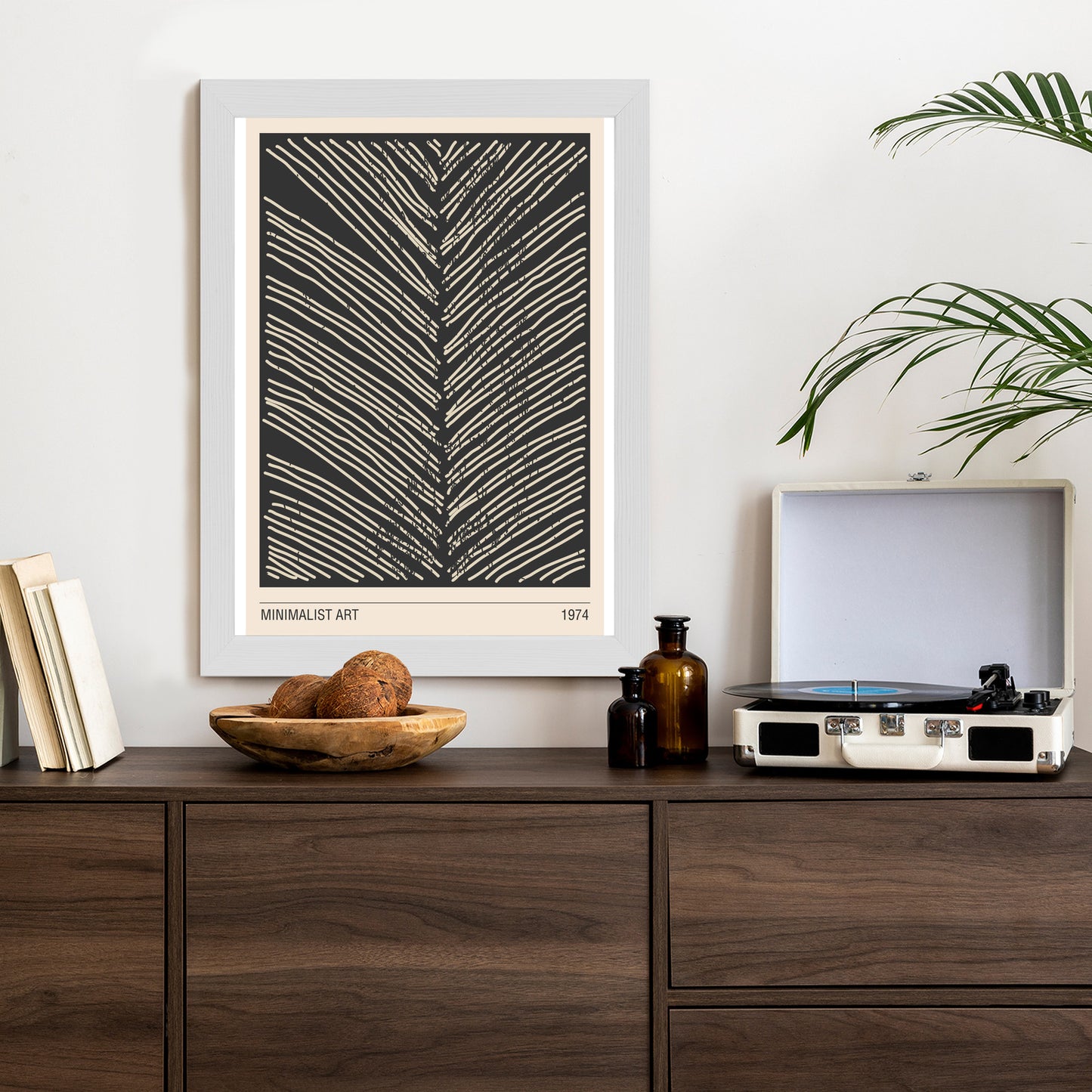 Poster Minimalistische Blattgrafiken Rahmen Holz Mit Passepartout Farbe Natürlich