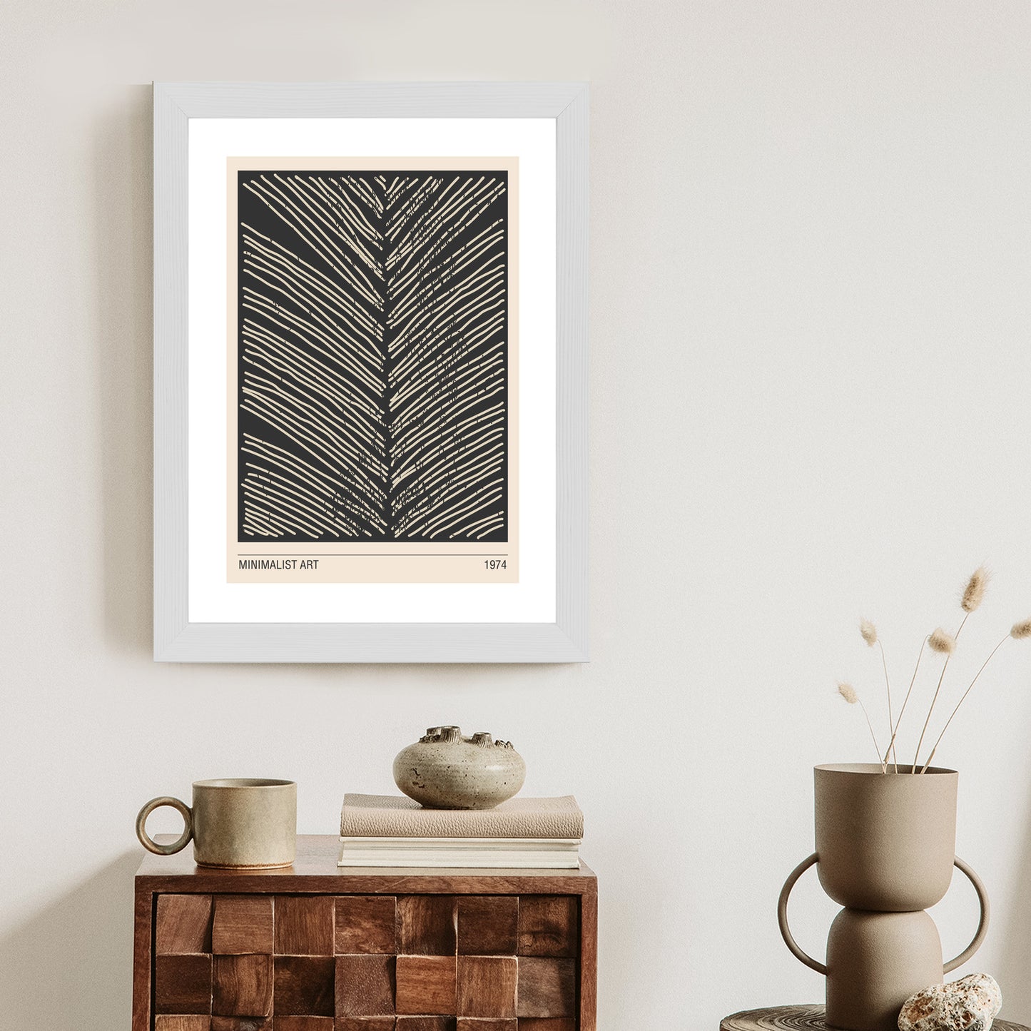Poster Minimalistische Blattgrafiken Rahmen Holz Mit Passepartout Farbe Natürlich