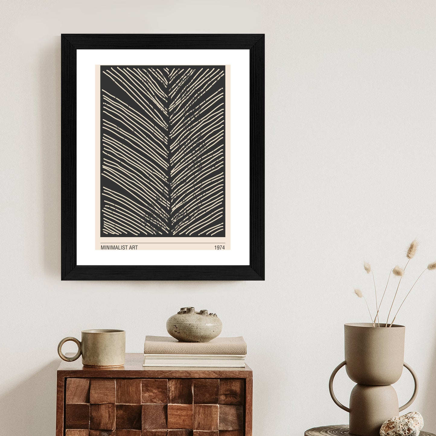 Poster Minimalistische Blattgrafiken Rahmen Holz Mit Passepartout Farbe Natürlich