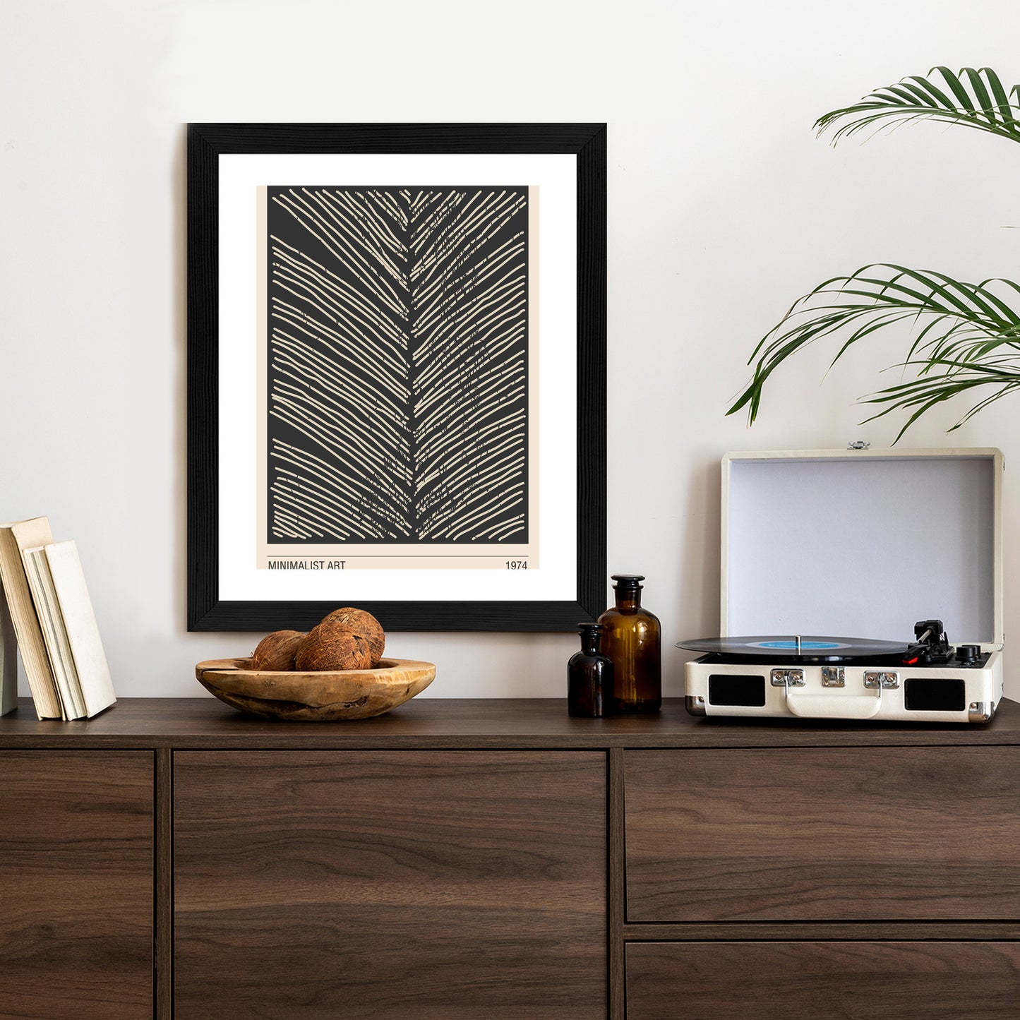 Poster Minimalistische Blattgrafiken Rahmen Holz Mit Passepartout Farbe Natürlich