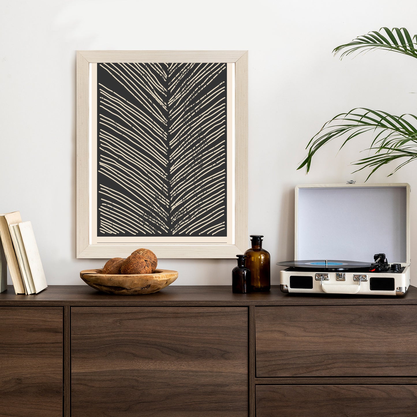 Poster Minimalistische Blattgrafiken Rahmen Holz Mit Passepartout Farbe Natürlich
