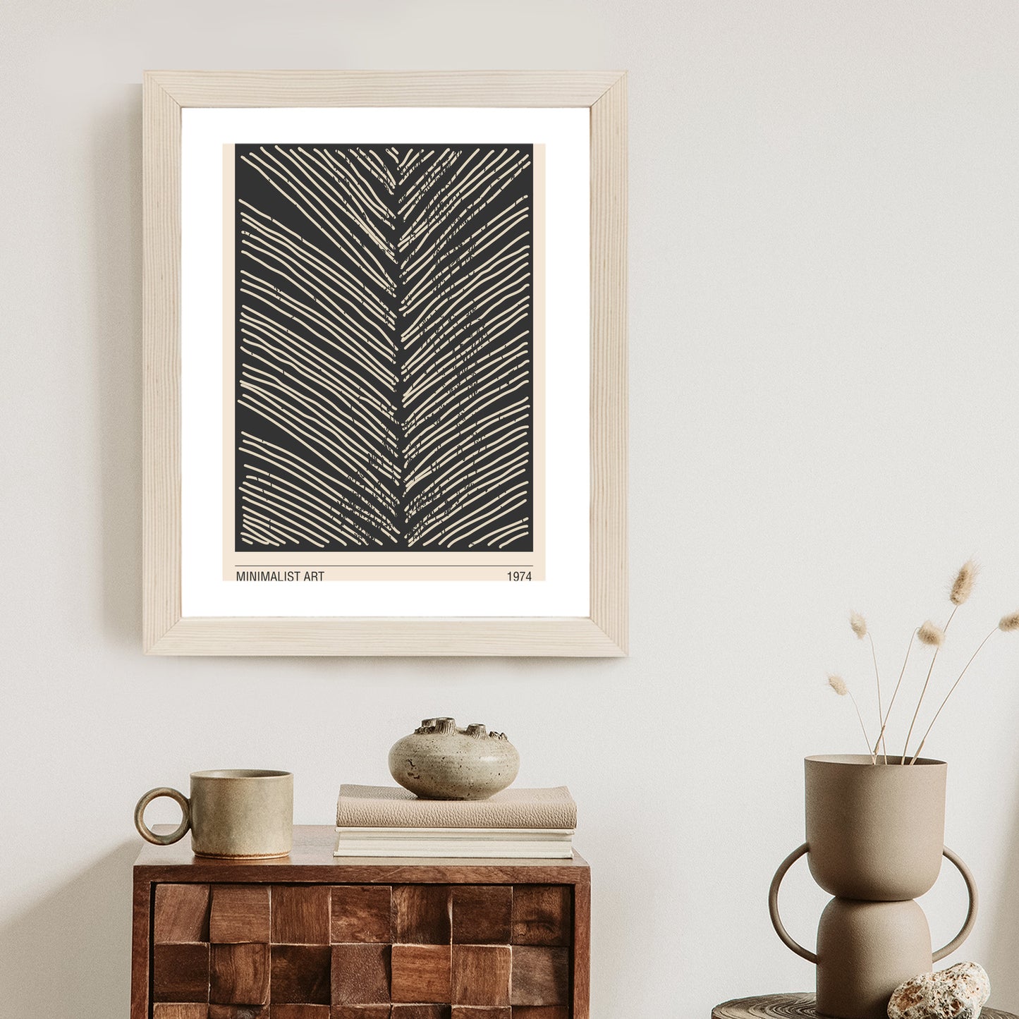 Poster Minimalistische Blattgrafiken Rahmen Holz Mit Passepartout Farbe Natürlich