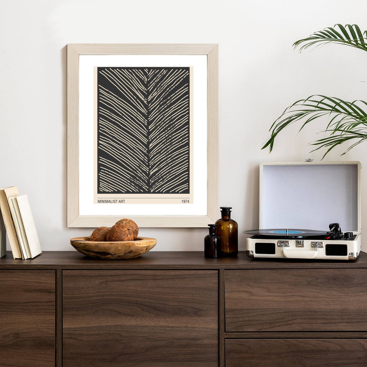 Poster Minimalistische Blattgrafiken Rahmen Holz Mit Passepartout Farbe Natürlich