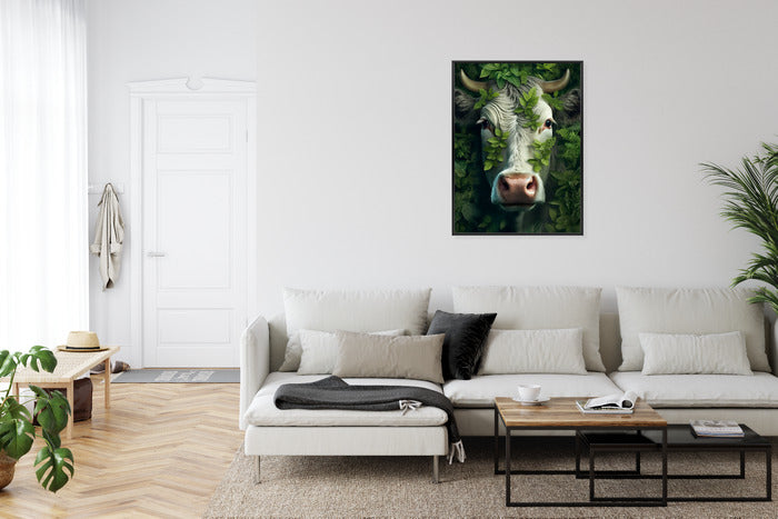Poster Eine Kuh, Die Aus Den Blättern Auftaucht Rahmen Holz Mit Passepartout Farbe Natürlich