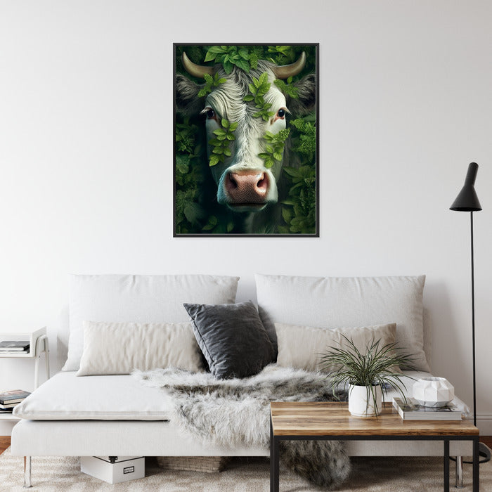 Poster Eine Kuh, Die Aus Den Blättern Auftaucht Rahmen Holz Mit Passepartout Farbe Natürlich