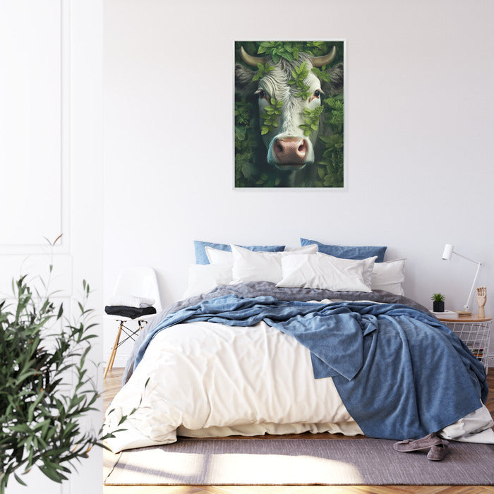Poster Eine Kuh, Die Aus Den Blättern Auftaucht Rahmen Holz Mit Passepartout Farbe Natürlich