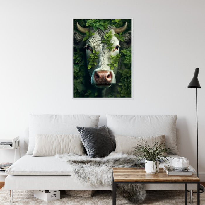 Poster Eine Kuh, Die Aus Den Blättern Auftaucht Rahmen Holz Mit Passepartout Farbe Natürlich