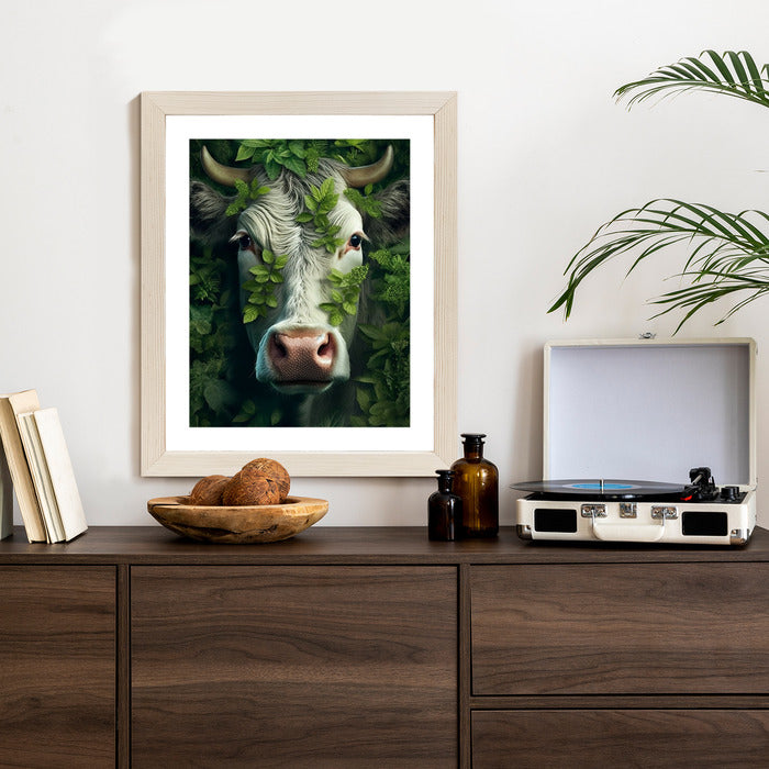 Poster Eine Kuh, Die Aus Den Blättern Auftaucht Rahmen Holz Mit Passepartout Farbe Natürlich