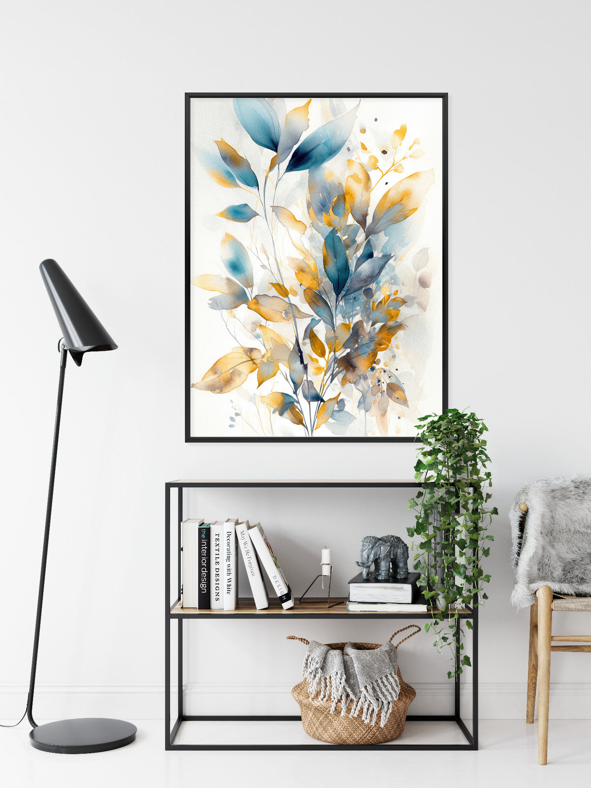 Poster Wunderschöne Transparente Goldblaue Blätter Rahmen Holz Mit Passepartout Farbe Natürlich