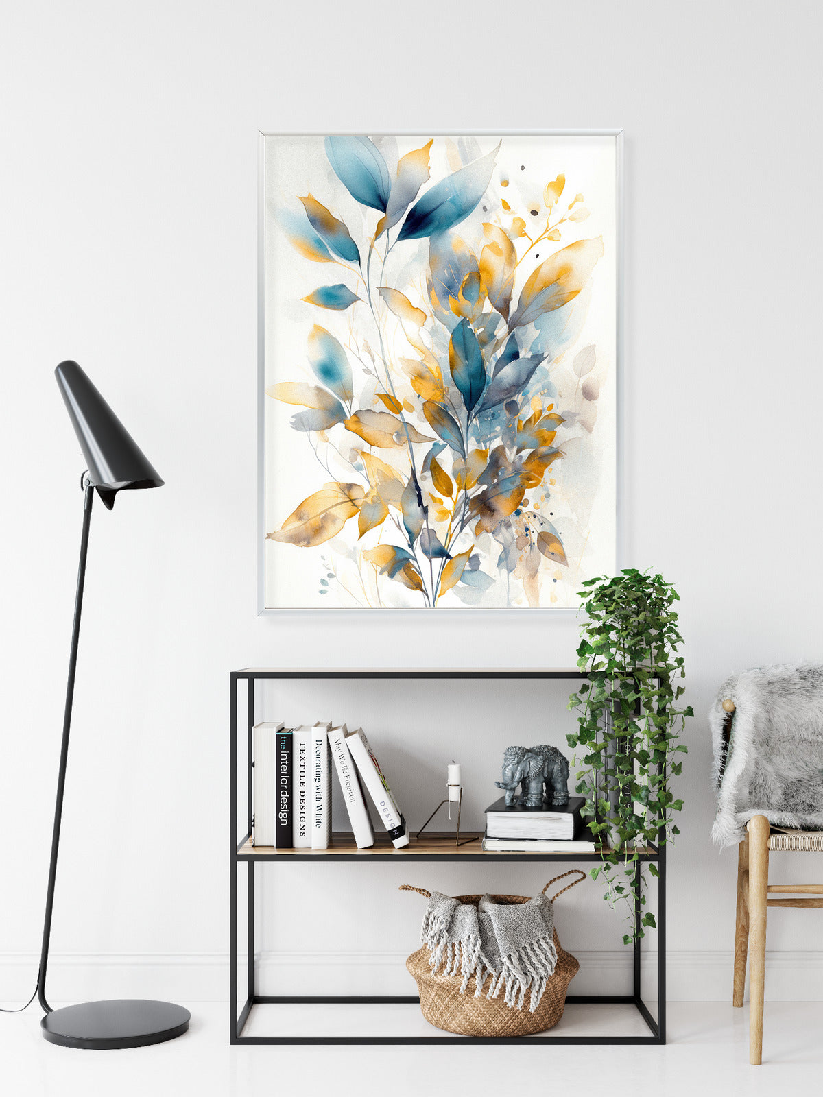Poster Wunderschöne Transparente Goldblaue Blätter Rahmen Holz Mit Passepartout Farbe Natürlich