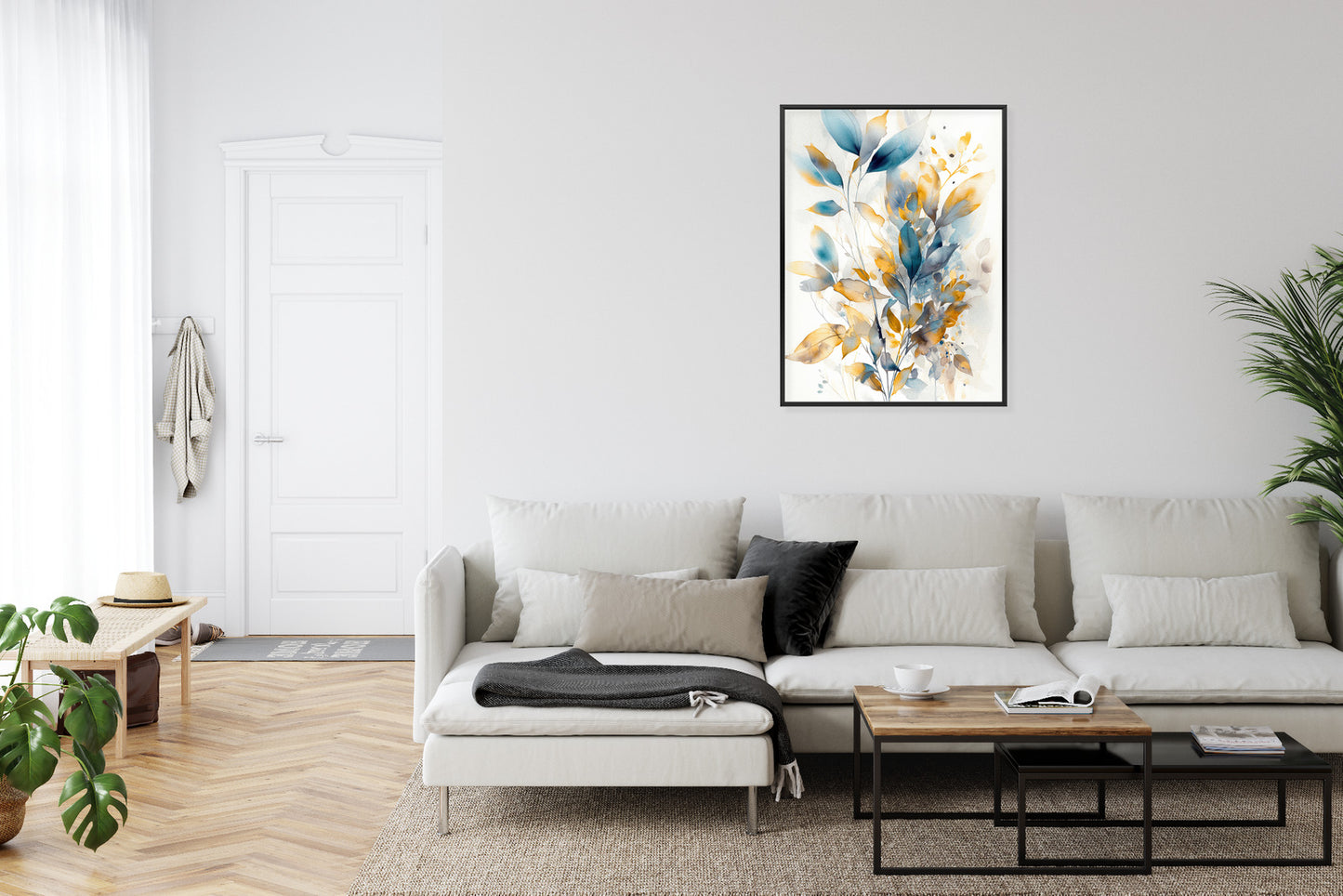 Poster Wunderschöne Transparente Goldblaue Blätter Rahmen Holz Mit Passepartout Farbe Natürlich