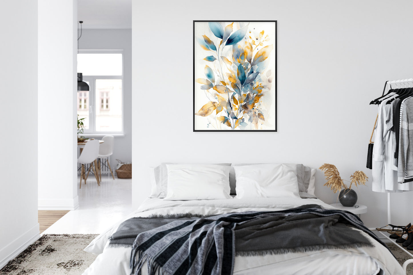 Poster Wunderschöne Transparente Goldblaue Blätter Rahmen Holz Mit Passepartout Farbe Natürlich