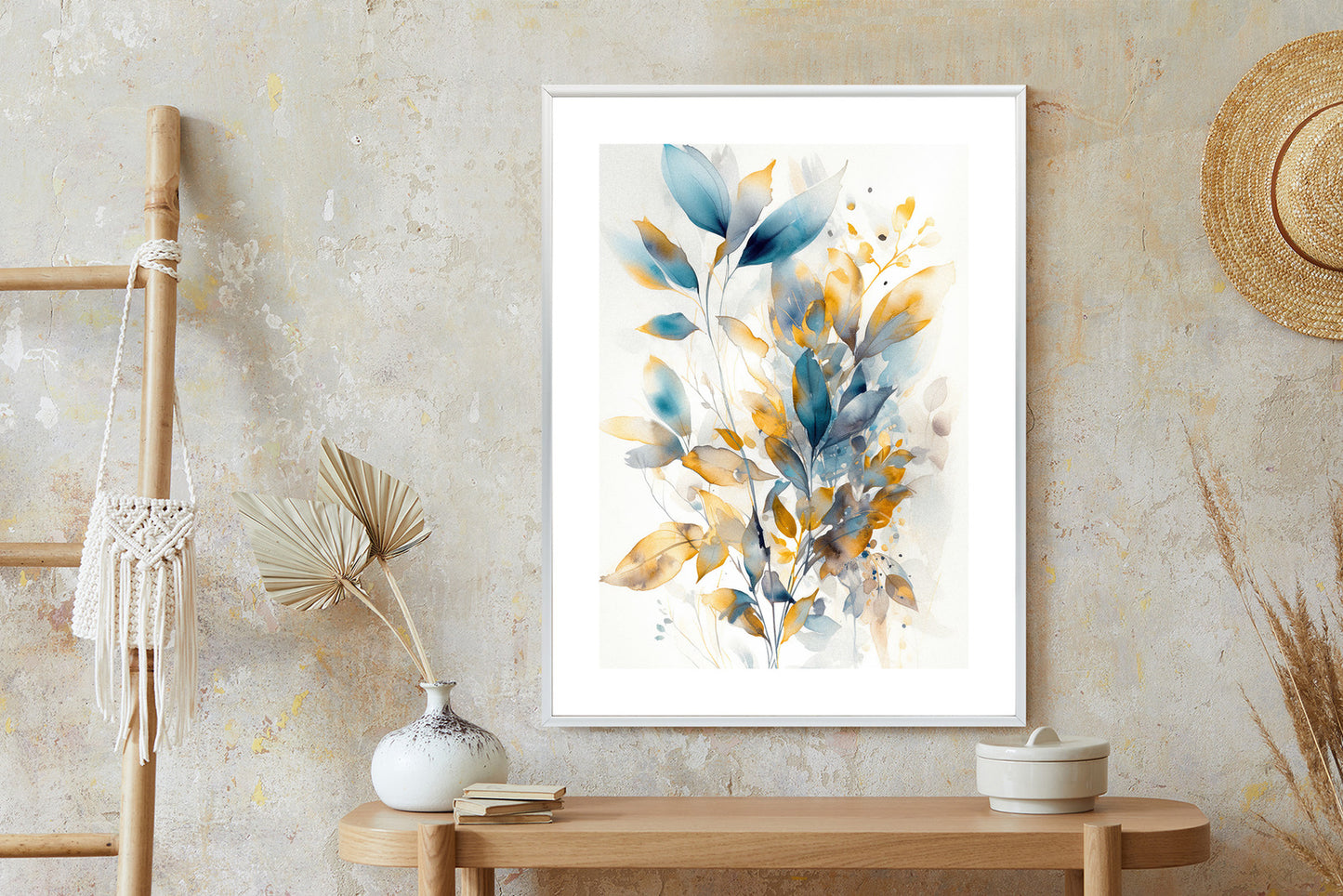 Poster Wunderschöne Transparente Goldblaue Blätter Rahmen Holz Mit Passepartout Farbe Natürlich
