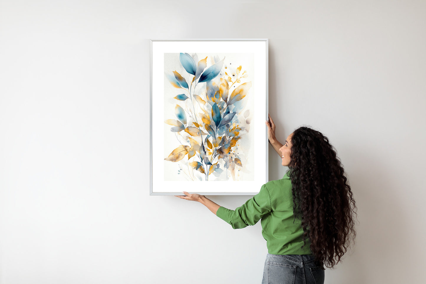 Poster Wunderschöne Transparente Goldblaue Blätter Rahmen Holz Mit Passepartout Farbe Natürlich