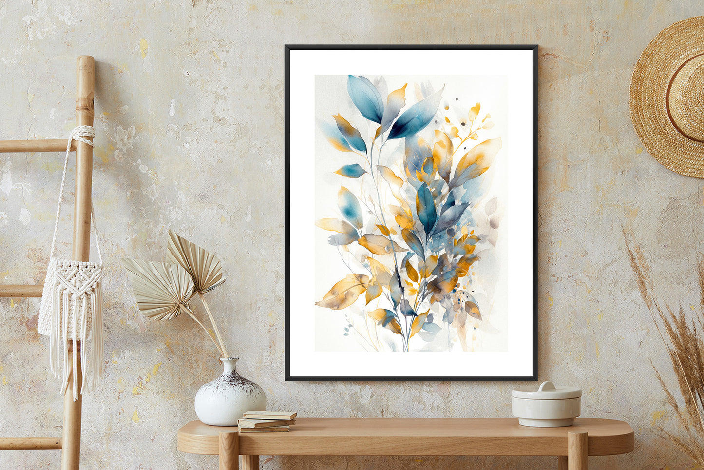 Poster Wunderschöne Transparente Goldblaue Blätter Rahmen Holz Mit Passepartout Farbe Natürlich