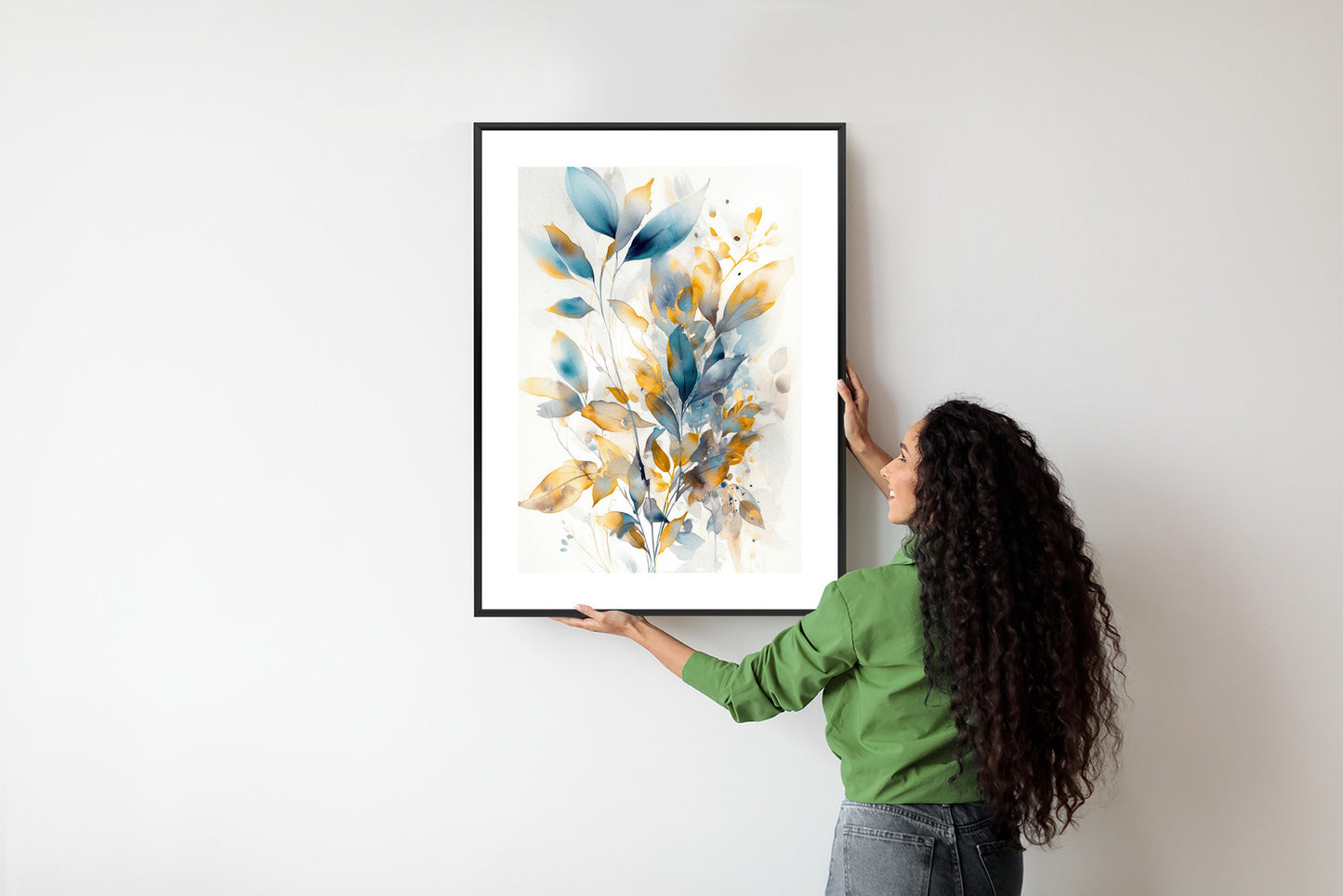 Poster Wunderschöne Transparente Goldblaue Blätter Rahmen Holz Mit Passepartout Farbe Natürlich