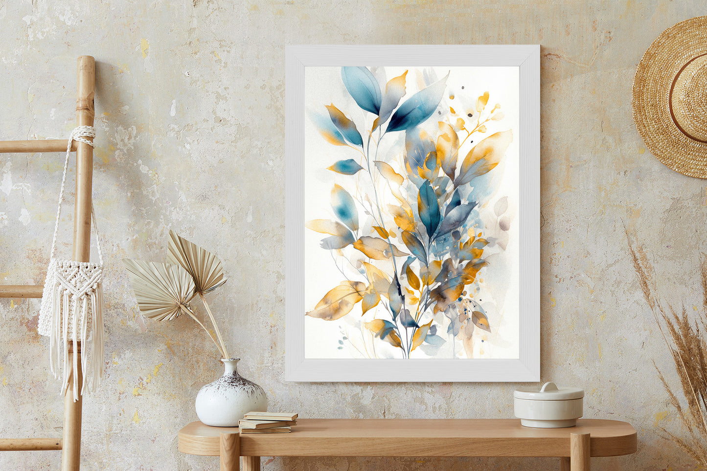 Poster Wunderschöne Transparente Goldblaue Blätter Rahmen Holz Mit Passepartout Farbe Natürlich