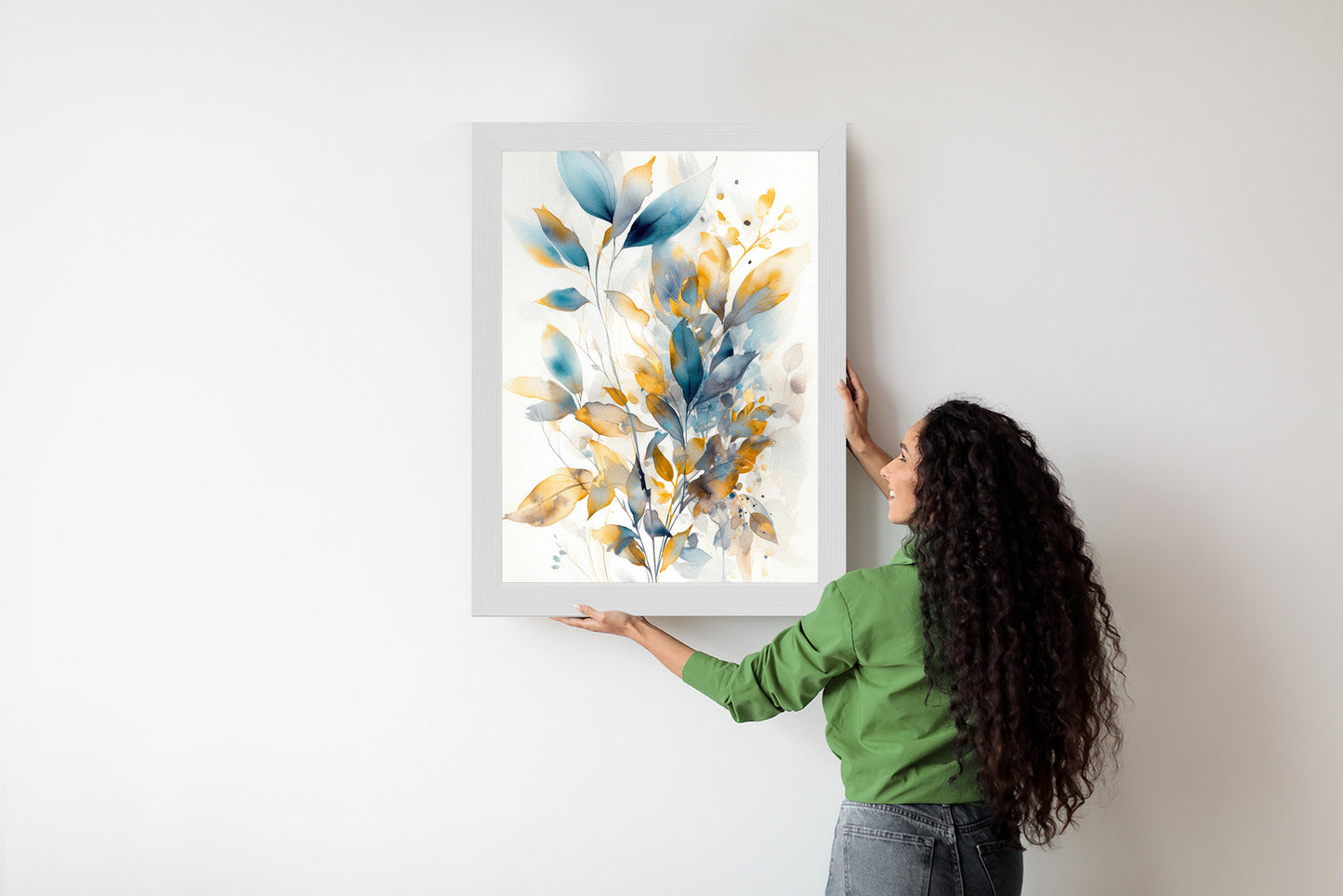 Poster Wunderschöne Transparente Goldblaue Blätter Rahmen Holz Mit Passepartout Farbe Natürlich