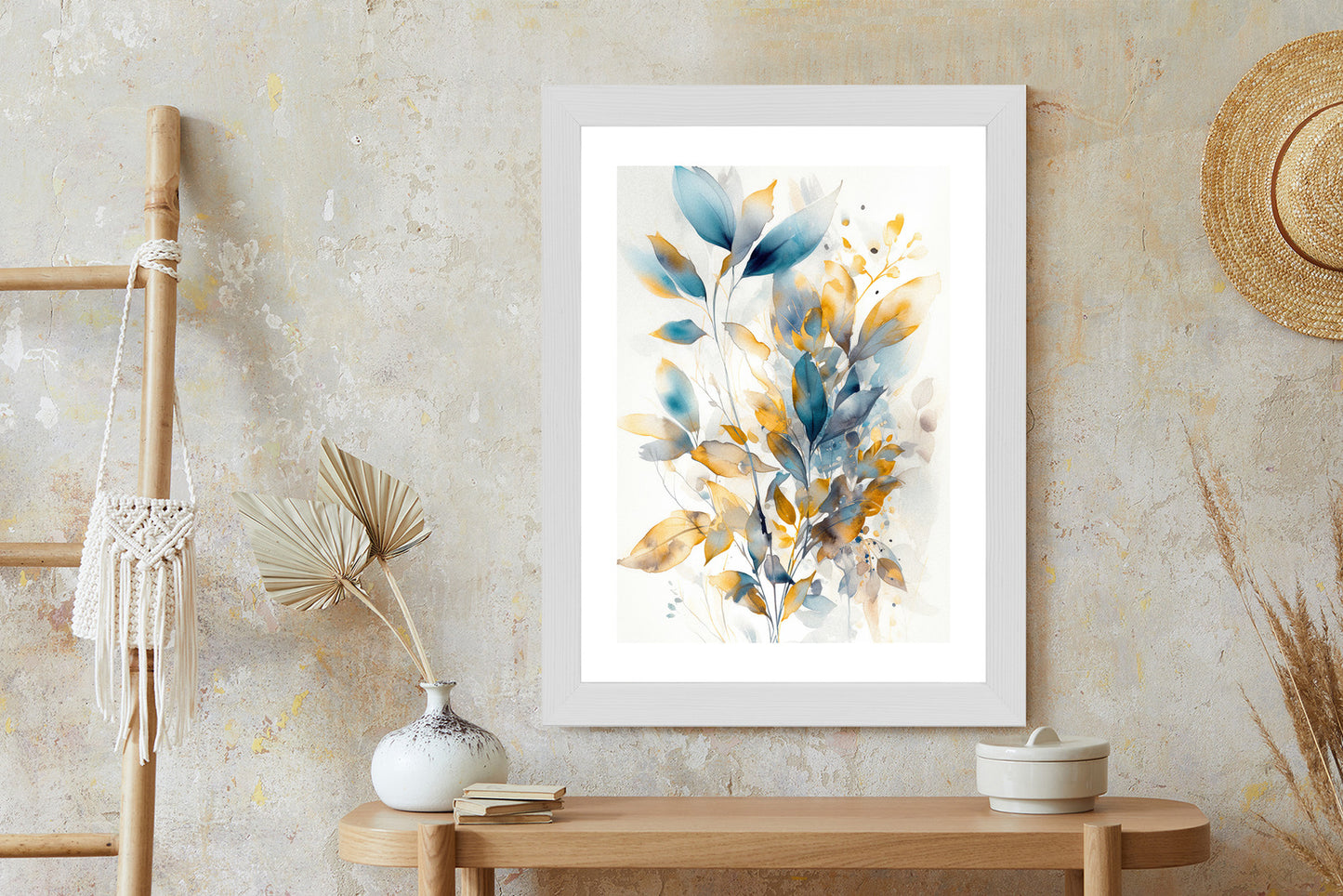 Poster Wunderschöne Transparente Goldblaue Blätter Rahmen Holz Mit Passepartout Farbe Natürlich