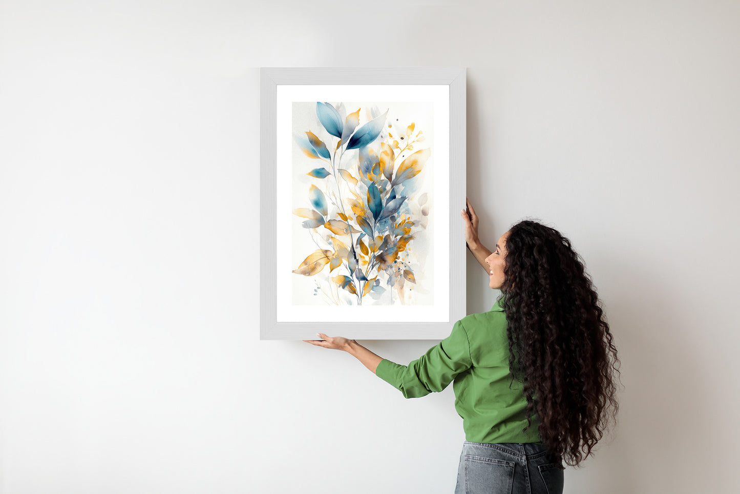 Poster Wunderschöne Transparente Goldblaue Blätter Rahmen Holz Mit Passepartout Farbe Natürlich
