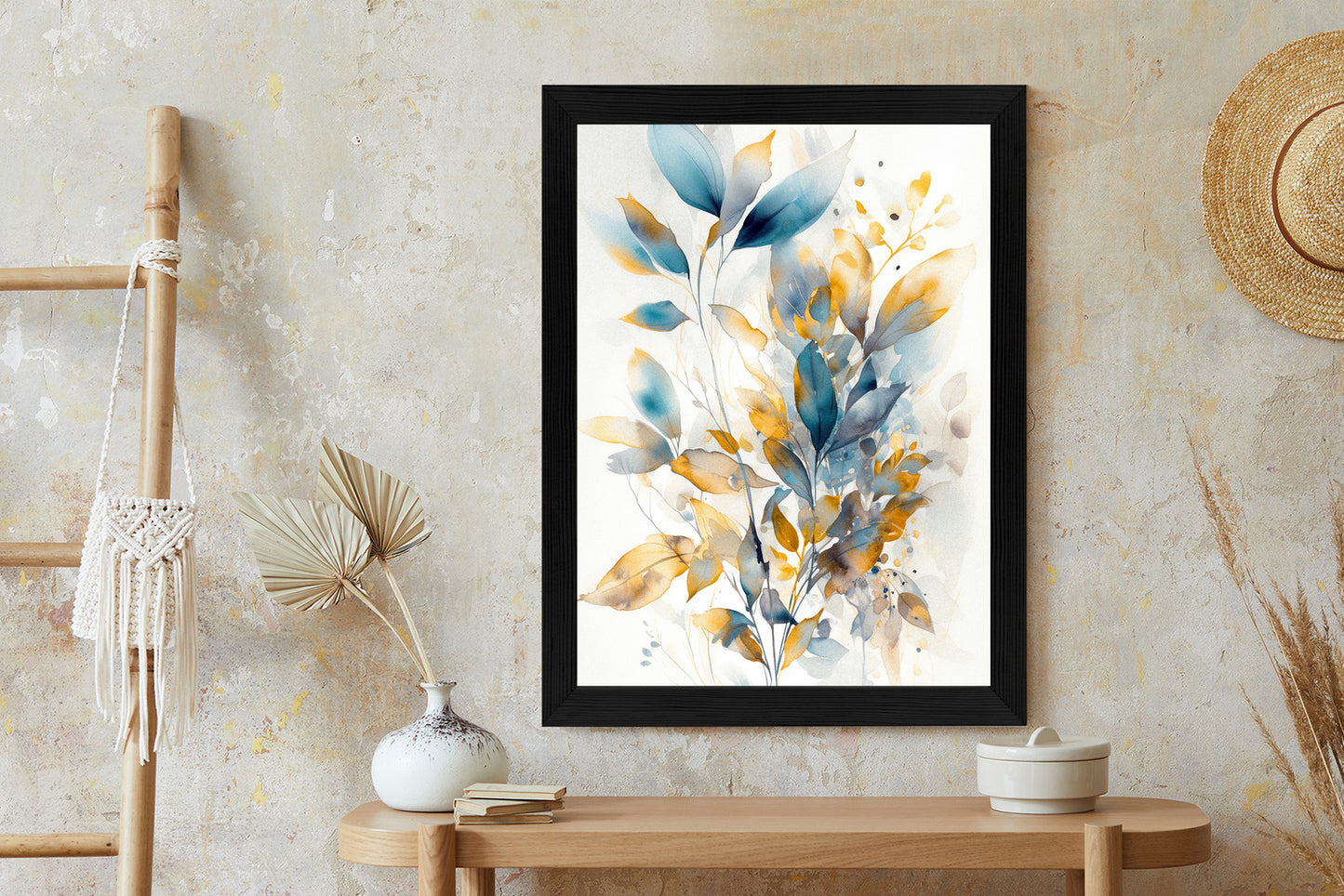 Poster Wunderschöne Transparente Goldblaue Blätter Rahmen Holz Mit Passepartout Farbe Natürlich