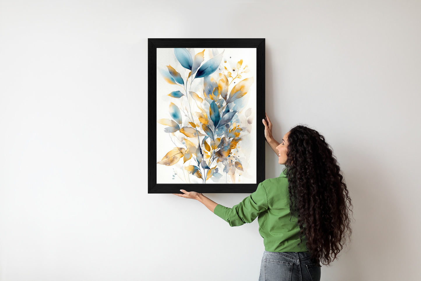 Poster Wunderschöne Transparente Goldblaue Blätter Rahmen Holz Mit Passepartout Farbe Natürlich