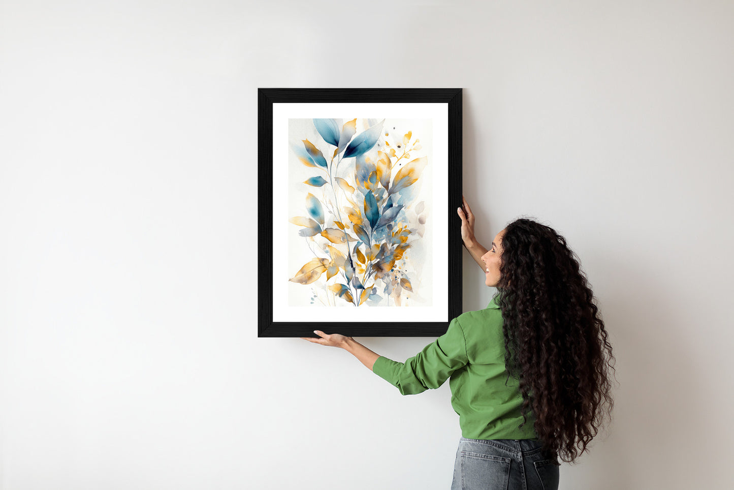 Poster Wunderschöne Transparente Goldblaue Blätter Rahmen Holz Mit Passepartout Farbe Natürlich