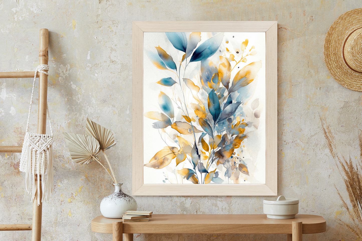 Poster Wunderschöne Transparente Goldblaue Blätter Rahmen Holz Mit Passepartout Farbe Natürlich