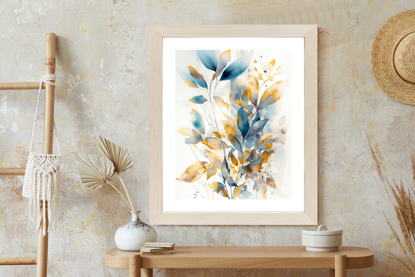 Poster Wunderschöne Transparente Goldblaue Blätter Rahmen Holz Mit Passepartout Farbe Natürlich
