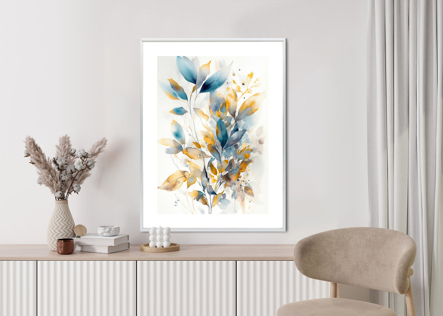 Poster Wunderschöne Transparente Goldblaue Blätter Rahmen Holz Mit Passepartout Farbe Natürlich