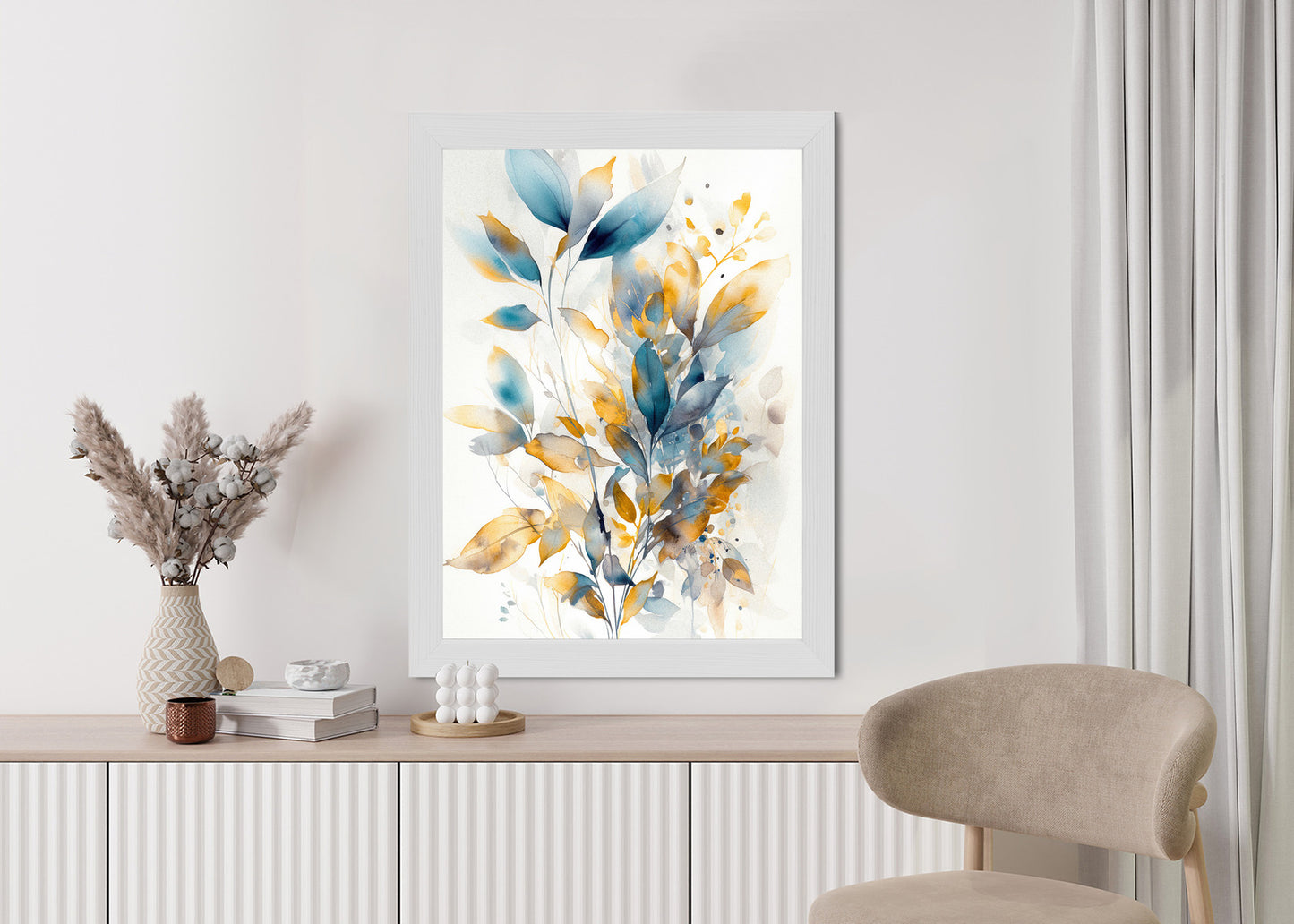 Poster Wunderschöne Transparente Goldblaue Blätter Rahmen Holz Mit Passepartout Farbe Natürlich