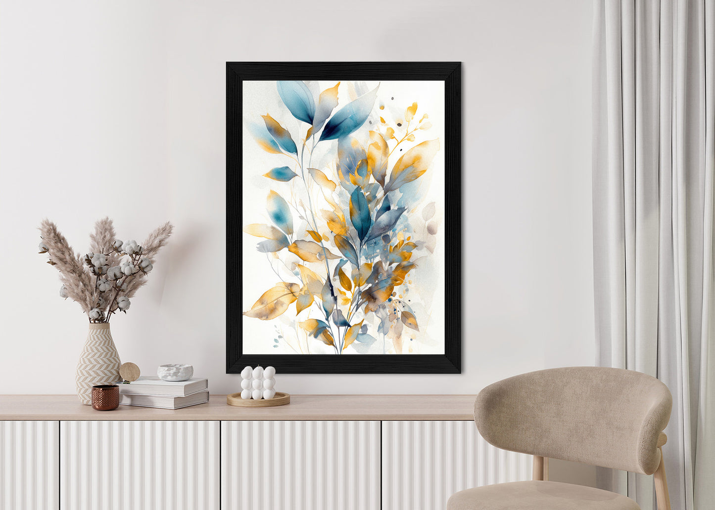 Poster Wunderschöne Transparente Goldblaue Blätter Rahmen Holz Mit Passepartout Farbe Natürlich