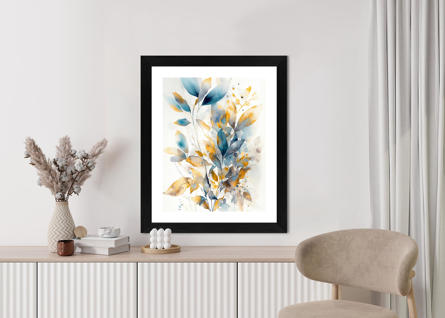 Poster Wunderschöne Transparente Goldblaue Blätter Rahmen Holz Mit Passepartout Farbe Natürlich