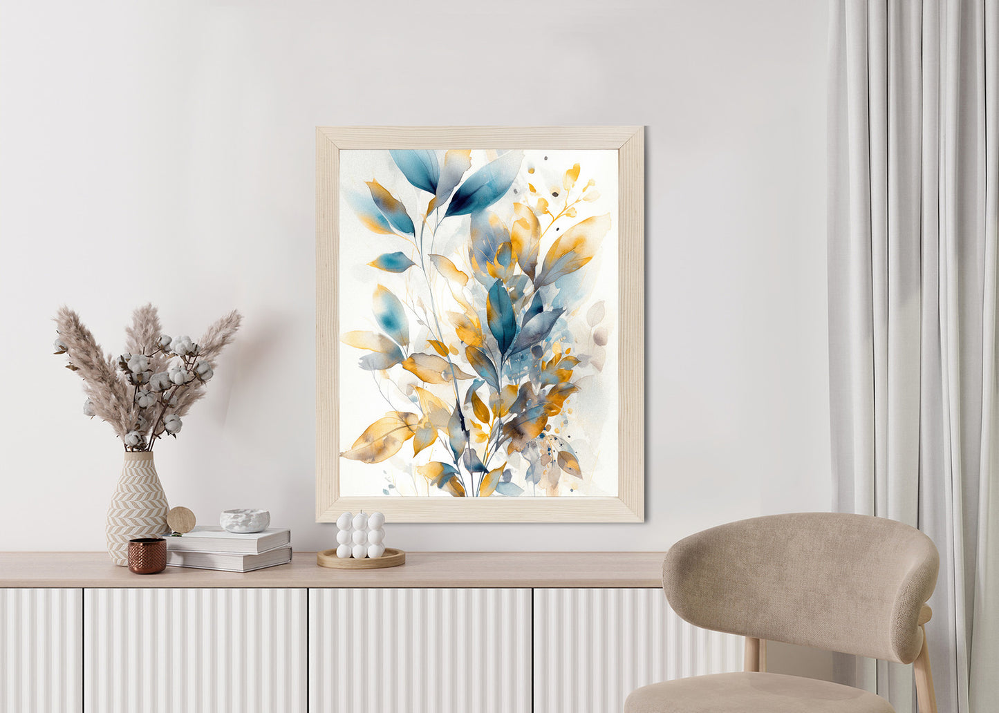 Poster Wunderschöne Transparente Goldblaue Blätter Rahmen Holz Mit Passepartout Farbe Natürlich