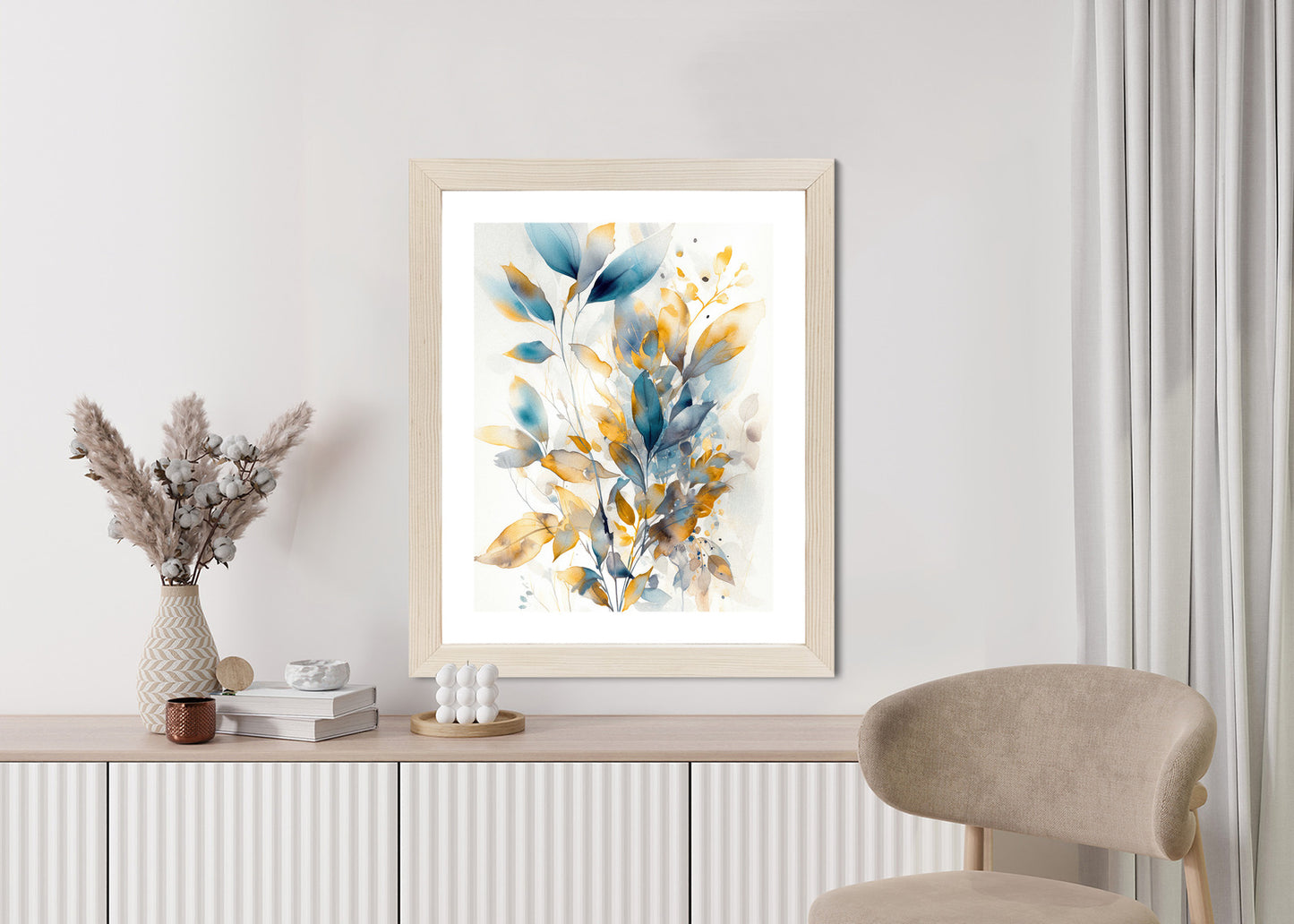 Poster Wunderschöne Transparente Goldblaue Blätter Rahmen Holz Mit Passepartout Farbe Natürlich