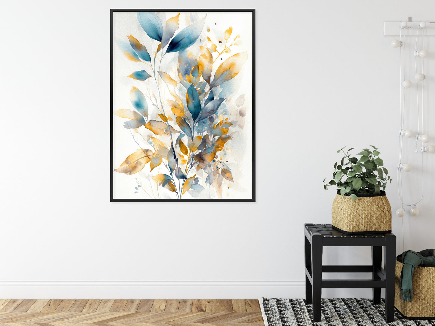 Poster Wunderschöne Transparente Goldblaue Blätter Rahmen Holz Mit Passepartout Farbe Natürlich