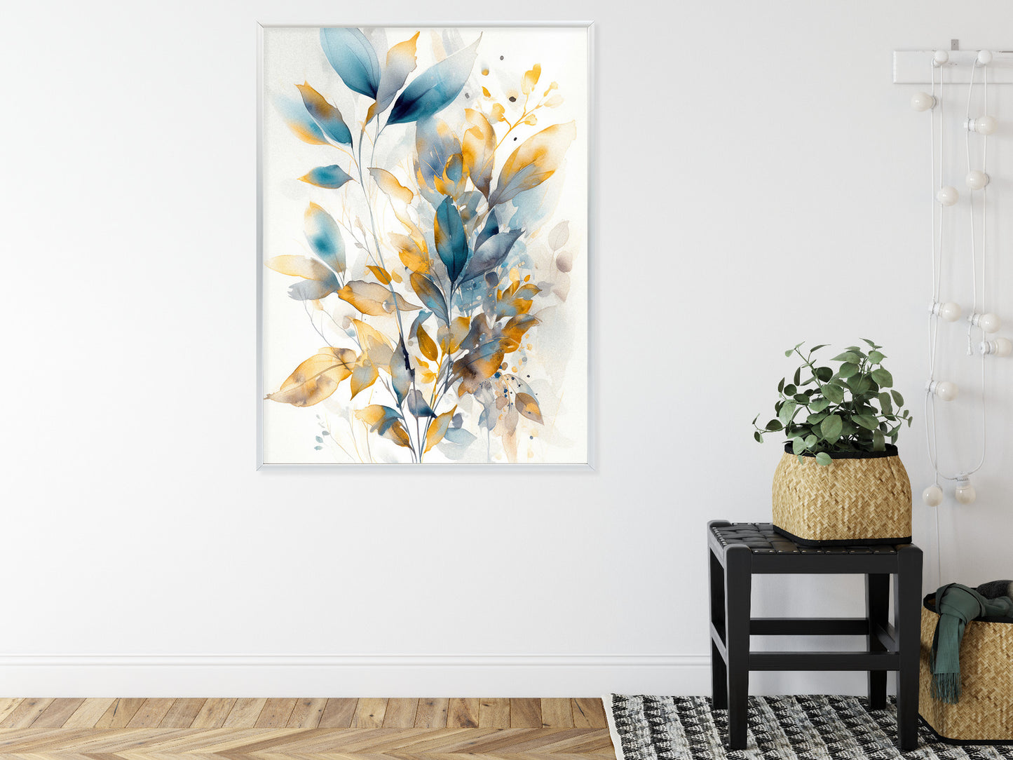 Poster Wunderschöne Transparente Goldblaue Blätter Rahmen Holz Mit Passepartout Farbe Natürlich