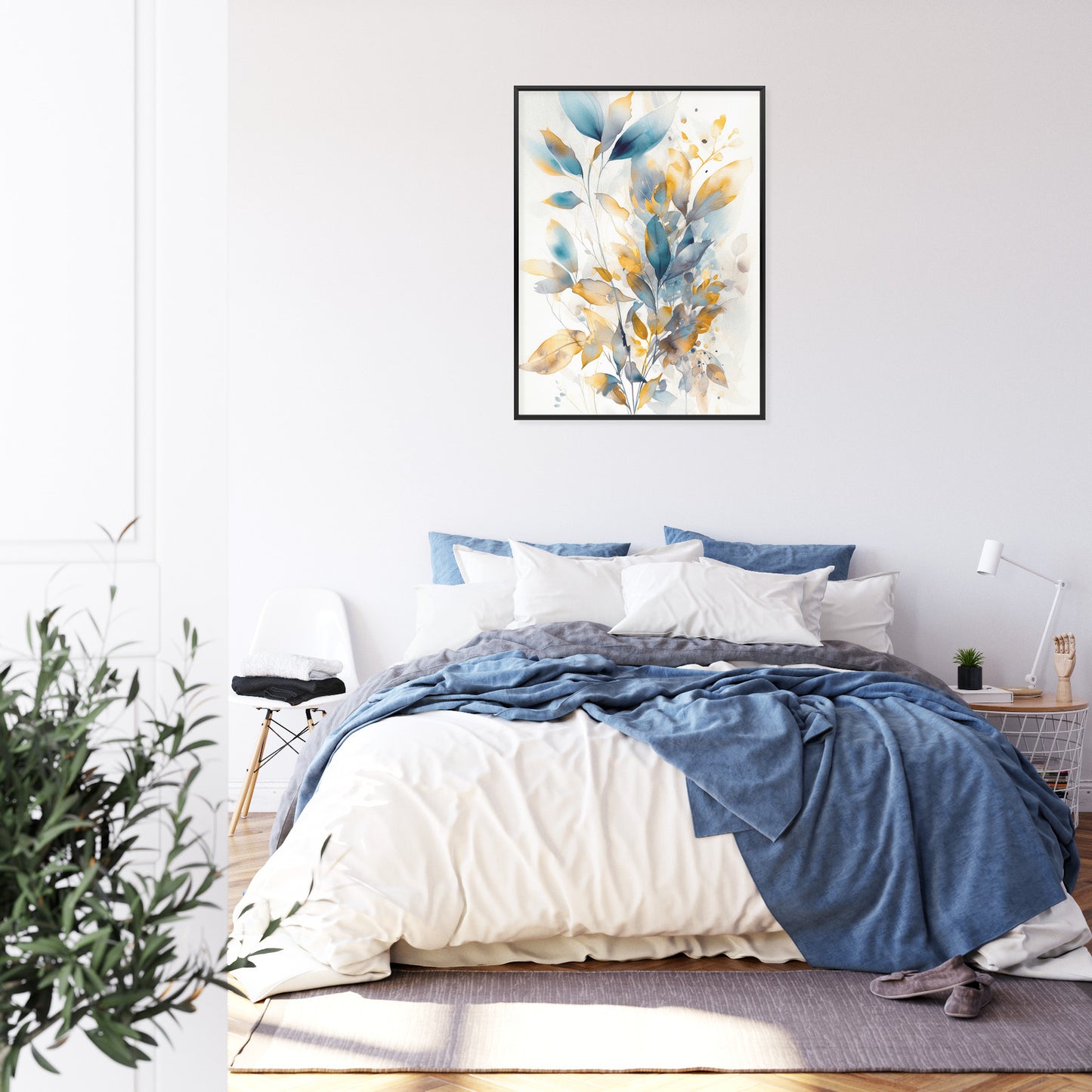Poster Wunderschöne Transparente Goldblaue Blätter Rahmen Holz Mit Passepartout Farbe Natürlich
